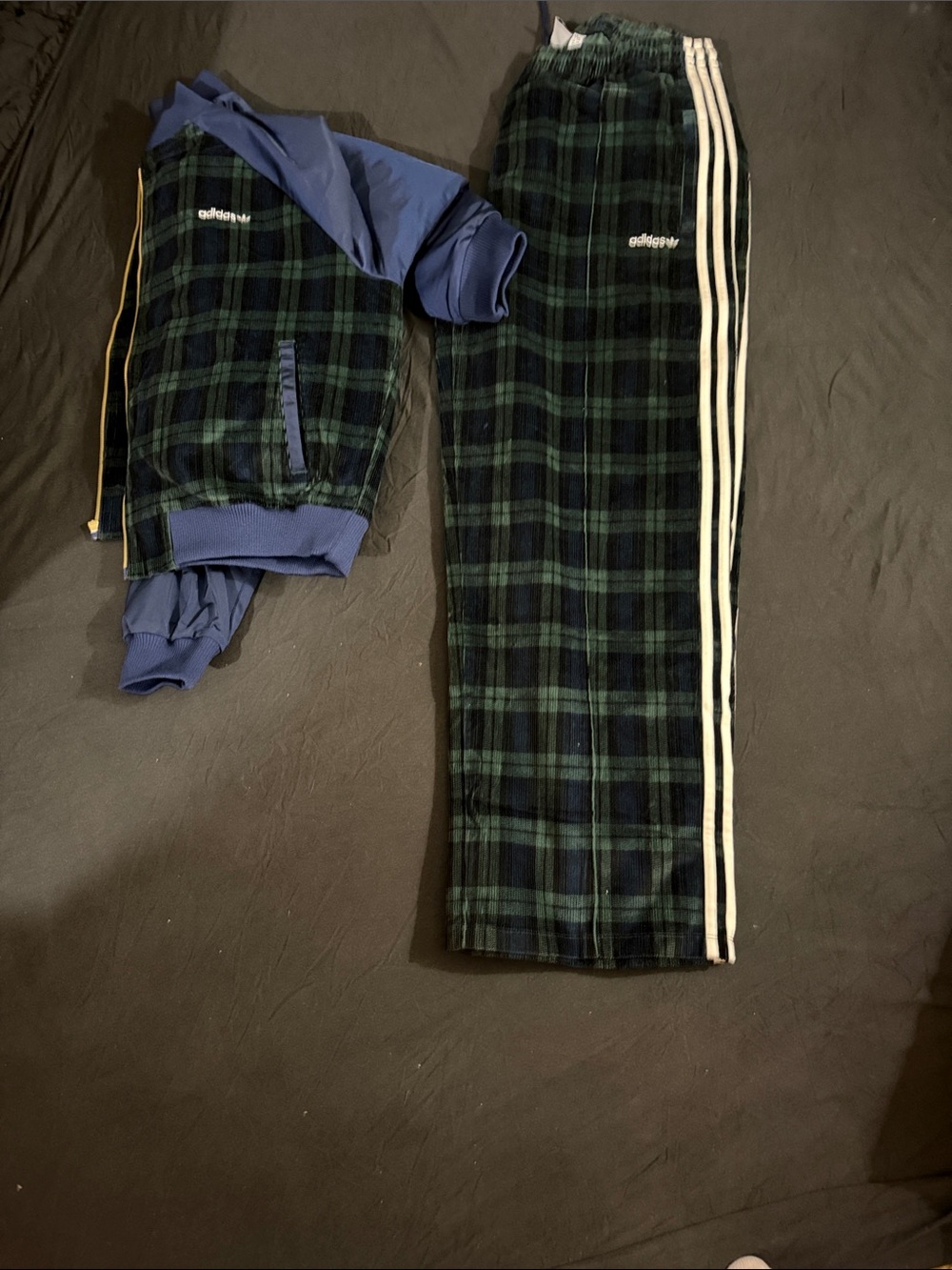adidas Navy and Green Plaid corduroy Track Pants with White Stripes
